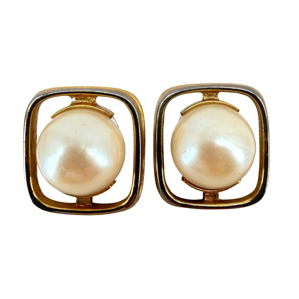 Vintage Gold Tone Square Frame Faux Pearl Stud Earrings Geometric Modernist